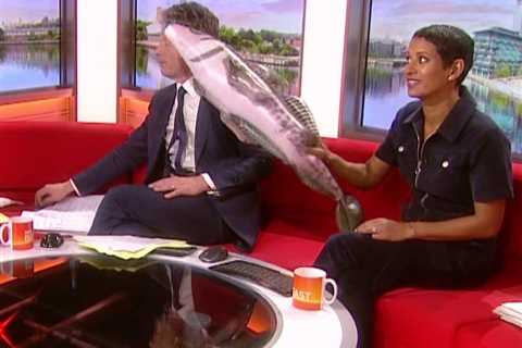 Naga Munchetty leaves Charlie Stayt looking unimpressed after hitting him with a fish live on BBC..