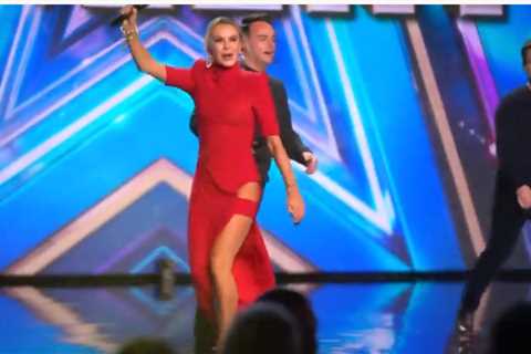 BGT judge Amanda Holden flashes her long legs in daring dress as she dances to Ant and Dec’s Let’s..
