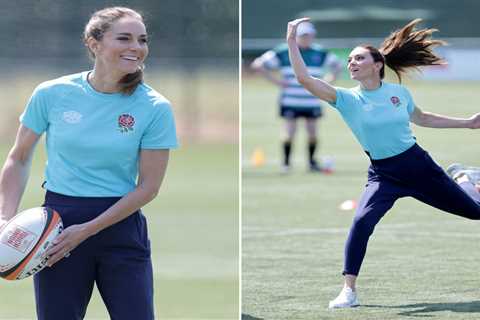 Sporty Princess Kate shows off her skills on the pitch as she joins rugby legends for a game