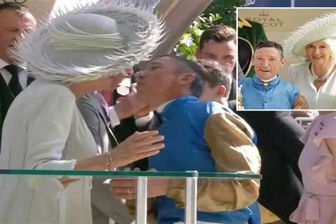 Moment jockey Frankie Dettori breaks Royal protocol by giving Camilla a kiss as he’s swept up in..