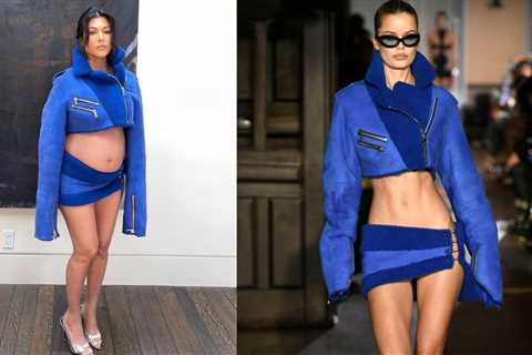 Kourtney Kardashian Turns to Designer LaQuan Smith in a FW22/23 Cobalt Blue Cropped  Leather Biker..