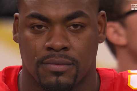 Chiefs’ Chris Jones cries during Super Bowl 2024 national anthem