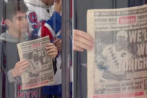 Rangers fan displays New York Post’s legendary Mark Messier guarantee back page at Game 6