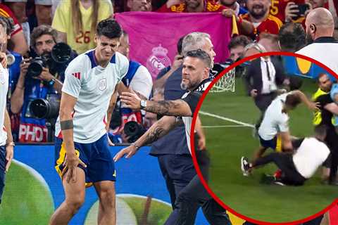 Soccer Star Alvaro Morata Injured By Security Guard During Pitch Invader Chaos