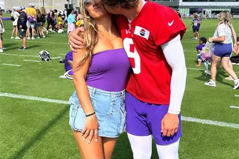 J.J. McCarthy kisses fiancée Katya Kuropas at first Vikings training camp