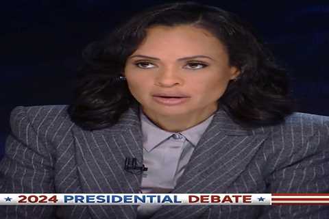 Linsey Davis Wears Alex Perry Gray Pinstriped Suit to Moderate the Presidential Debate 2024