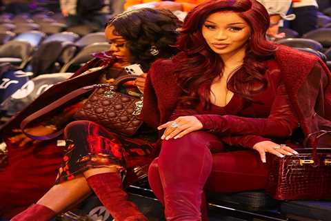 Cardi B and Friend T Stylez Hit the Knicks Game in a Burgundy Laquan Smith Fall 2024 Jumpsuit and..