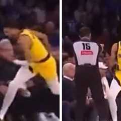 Jon Hamm Snags Loose Ball, Pisses Off Tyrese Haliburton During Game 1 At MSG