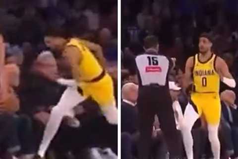 Jon Hamm Snags Loose Ball, Pisses Off Tyrese Haliburton During Game 1 At MSG