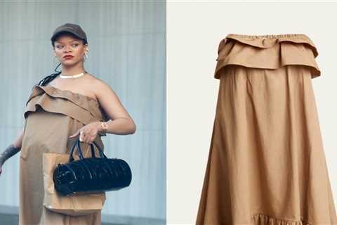 Rihanna Wears Brown Light YSL Cotton-Poplin Dress and Schiaparelli Bag for FatBurger Craving
