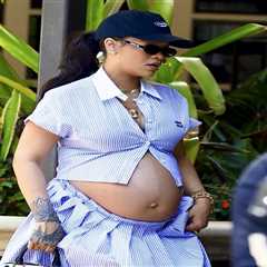 Rihanna Pairs  a Miu Miu Striped Look with a Louis Vuitton x Stephen Sprouse Bag and Louboutin..