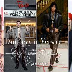 Dan Levy in Grey Pinstripe Versace Spring 2026 Blazer, Brown Leather Pants, and Silk Shirt at Big..