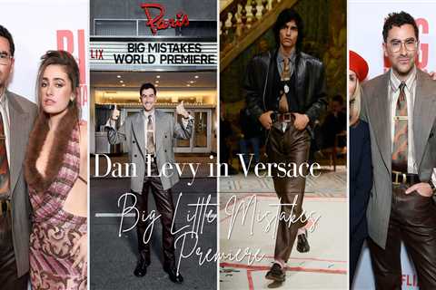 Dan Levy in Grey Pinstripe Versace Spring 2026 Blazer, Brown Leather Pants, and Silk Shirt at Big..
