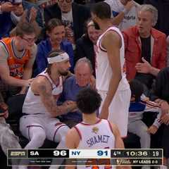 Knicks guard Jose Alvarado plows into former NYC Mayor Bloomberg during Game 3 of Finals