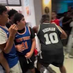 Spurs fan in Dennis Rodman jersey tries fighting every Knicks supporter at Penn Station