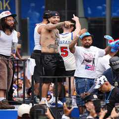 Jose Alvarado gets wild on float with boombox during Knicks parade