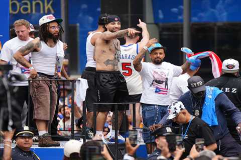 Jose Alvarado gets wild on float with boombox during Knicks parade