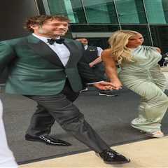 Matt Stafford’s wife Kelly rocks stunning green dress for Travis Kelce-Taylor Swift wedding